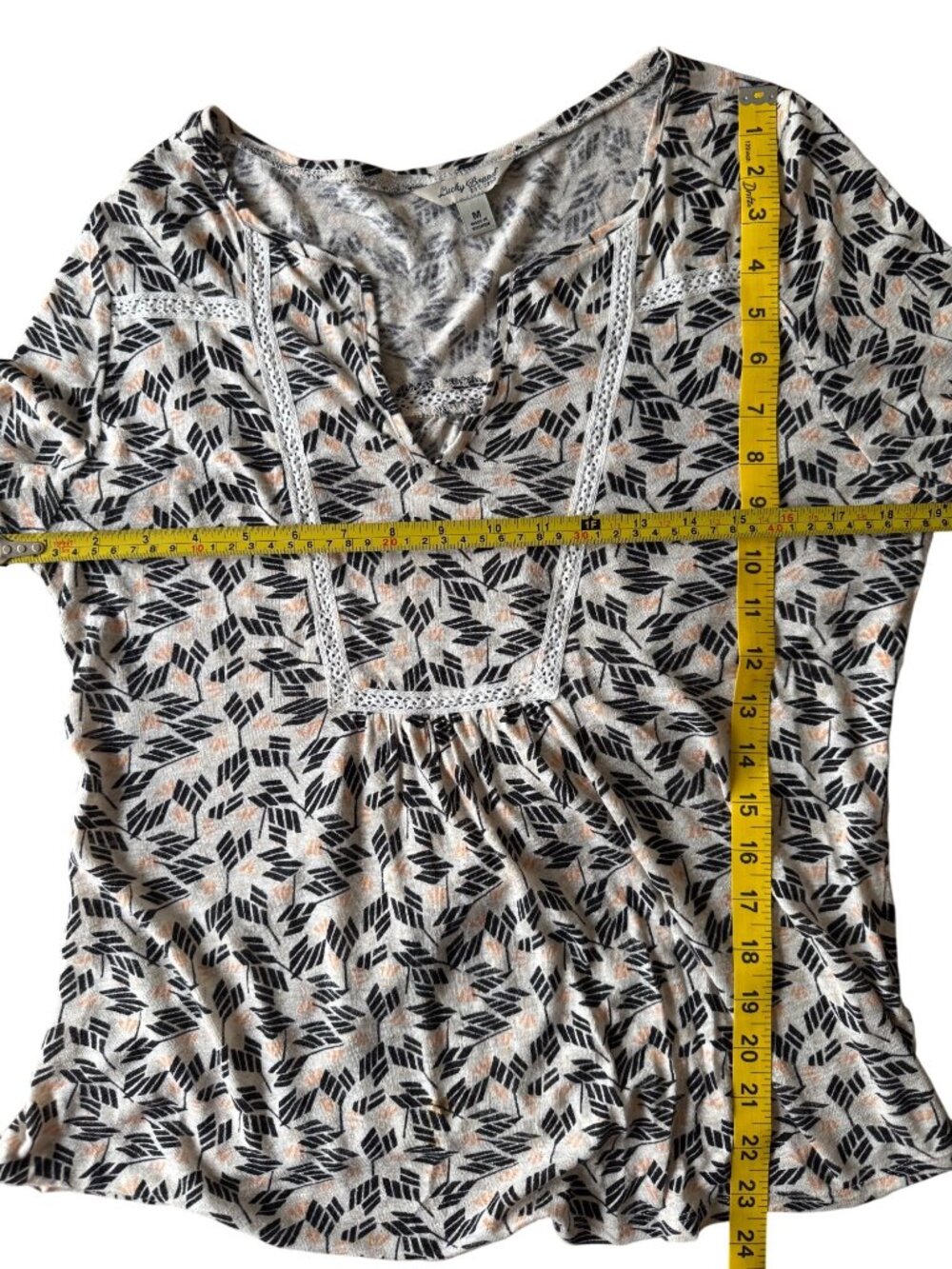 Lucky Brand Boho Top Embroidered Knit 3/4 Sleeve Leaf Print Beige/Black Size M - Picture 5 of 11